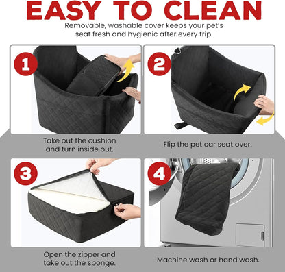 Elevated Dog Car Seat for Small/Medium Dogs up to 35 lbs, Memory Foam Pet Booster Seat with Detachable Washable Cover, Portable Travel-Safe Bed for Cars with Safety Belts and Storage Pockets