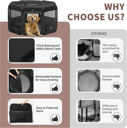 DONORO Dog Playpen Portable Pet Play Pens for Small Dog/Cat/Rabbit/Chicks, Cat Playpen Indoor/Outdoor with Carring Case, Removable Zipper Top and Bottom (Black, Large (46"x46"x23"), 8)