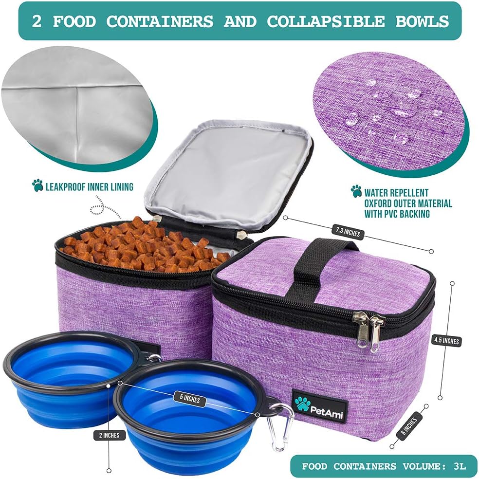 PetAmi Dog Travel Bag, Travel Pet Bag Organizer, Dog Food Travel Bag with Container Collapsible Bowls, Pet Travel Supplies Gift Accessories for Weekend Camping, Puppy Cat Diaper Bag, Purple Medium