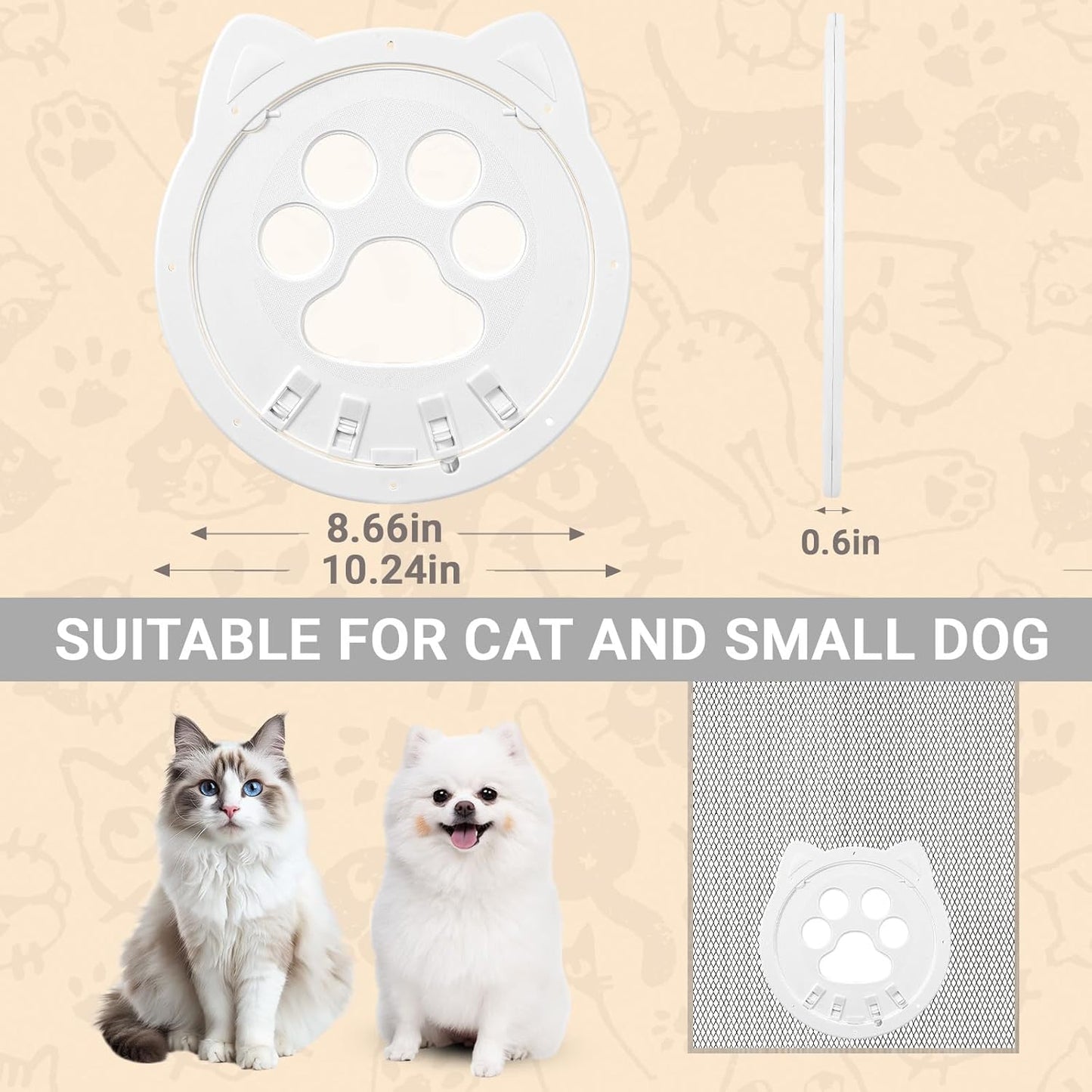 Cat Door for Screen Door, Inside Door 9x9x0.4 inch, Magnetic Flap Screen & Manually Locked Two Function Design, Anti-Mosquito Window Screen cat Door (White)