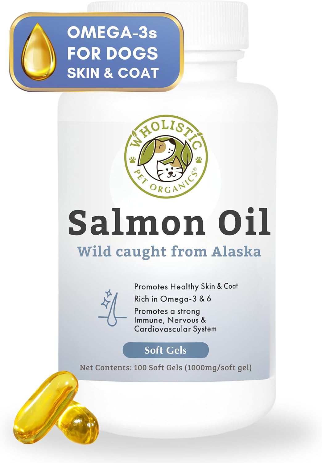 Wholistic Pet Organics Wild Alaskan Salmon Oil for Dogs - 100 Soft Gels - Rich Omega 3 Fish Oil with EPA & DHA for Skin, Coat, Joint, and Heart Health - Natural Dog Skin & Coat Care