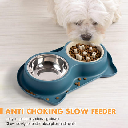 Slow Feeder Dog Bowls with Non-Slip Mat, 3-in-1 Stainless Steel Bowl Slow Feeder Prevents Gulping, Paired with Weighted Base Water Dog Bowls for Large Medium Small Breed Size Dogs and Cats
