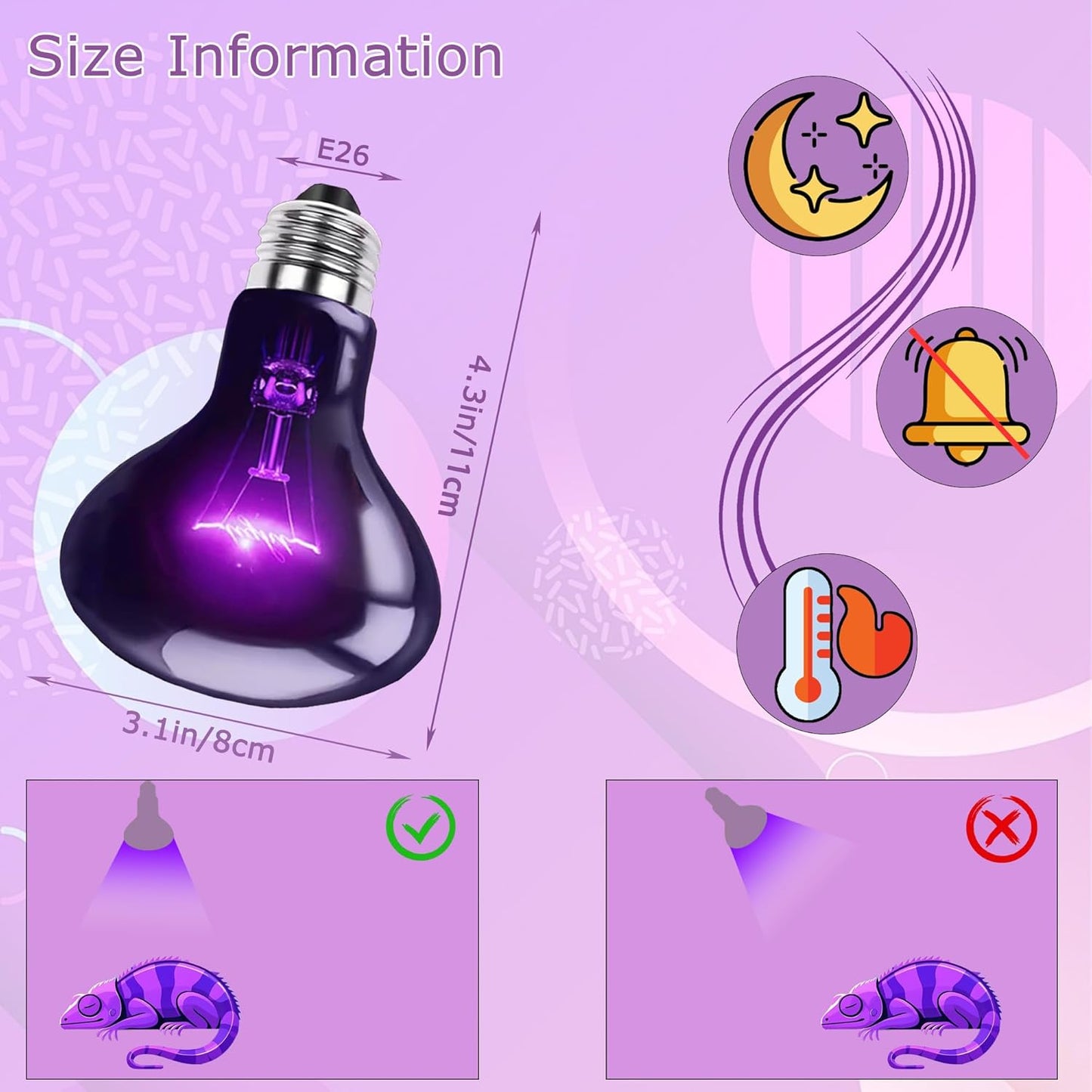 60W Reptile Night Light Bulb, UVA Heat Lamp – Simulated Natural Moonlight Purple Basking Bulb for Bearded Dragon, Lizard, Snake, Turtle, Chameleon, Amphibians, Aquarium & Terrarium Use