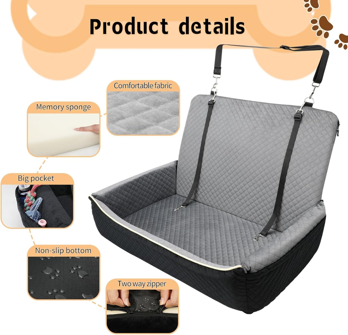 Large Dog Car Seat Under 60 lbs or 2 Small Dogs Dog Bed for Car Back Seat with Seat Belt Fixation The Seat Fabric Soft and Comfortable Removable and Washable.(Black Brown)