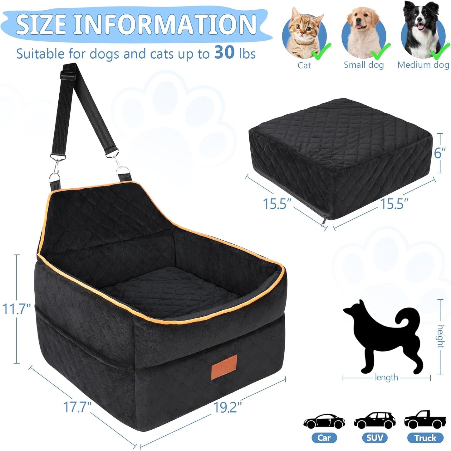 Dog Car Seat for Small Medium Dogs, Memory Foam Dog Booster Car Seat for Pets Under 35 lbs, Anti-Slip Pet Carseat with 2 Adjustable Leashes, Elevated Dog Travel Bed with Storage Pockets