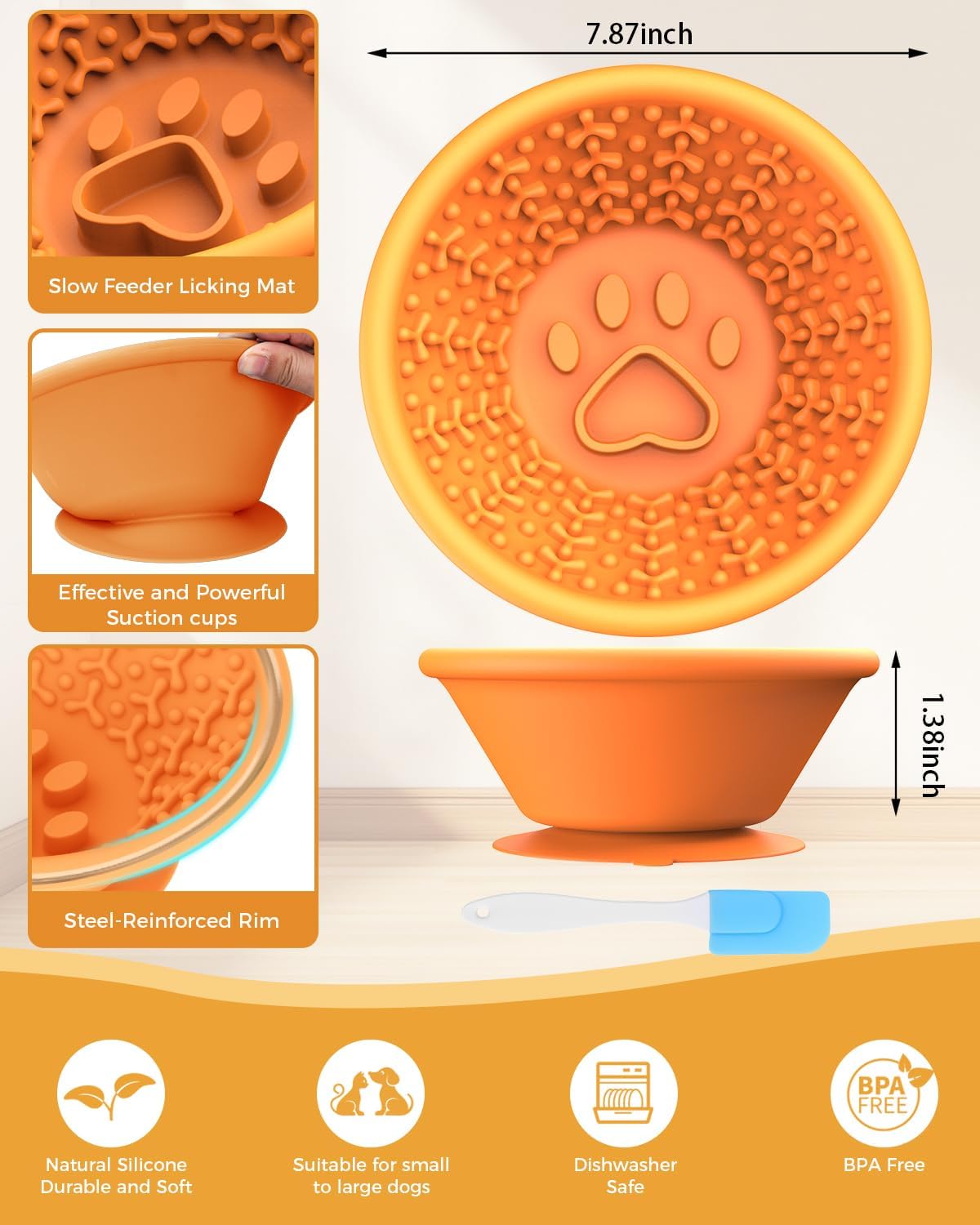 Dog Lick Bowl, Silicone Slow Feeder Dog Bowls with Non-Slip Suction Base and Steel-Reinforced Rim, Anxiety-Relief Feeding Solution for Medium & Large Breeds (Orange)