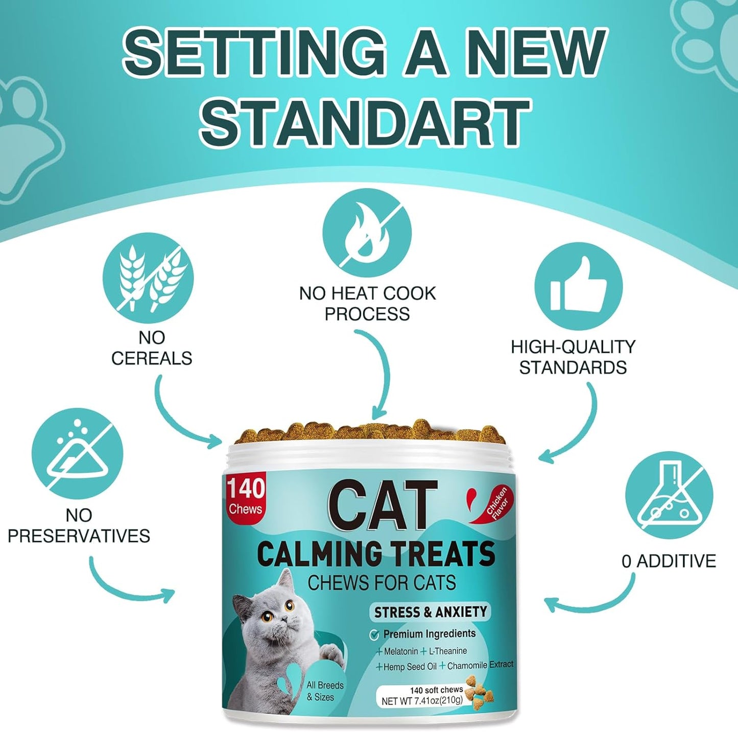 Cat Calming Treats, 140 Soft Chews to Relieve Anxiety, Stress & Prevent Bites, Perfect for Travel & Veterinary Visits, Soothing Calming Care for Indoor Cats Chicken Flavor 7.41 OZ