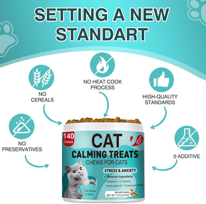 Cat Calming Treats, 140 Soft Chews to Relieve Anxiety, Stress & Prevent Bites, Perfect for Travel & Veterinary Visits, Soothing Calming Care for Indoor Cats Chicken Flavor 7.41 OZ