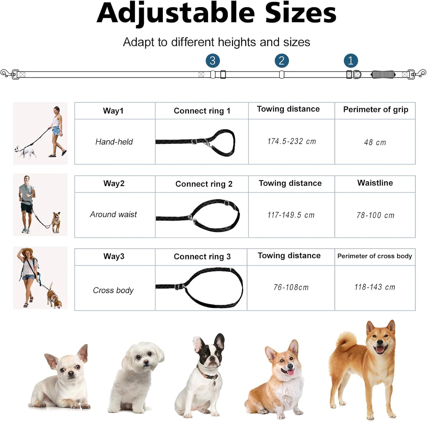 Hands Free Dog Leash, 8.5ft Versatile Crossbody Waist with 3 Rings for Puppy, Small & Medium Dogs, Easy Adjust for Running Jogging Walking, Sponge Handle, Black