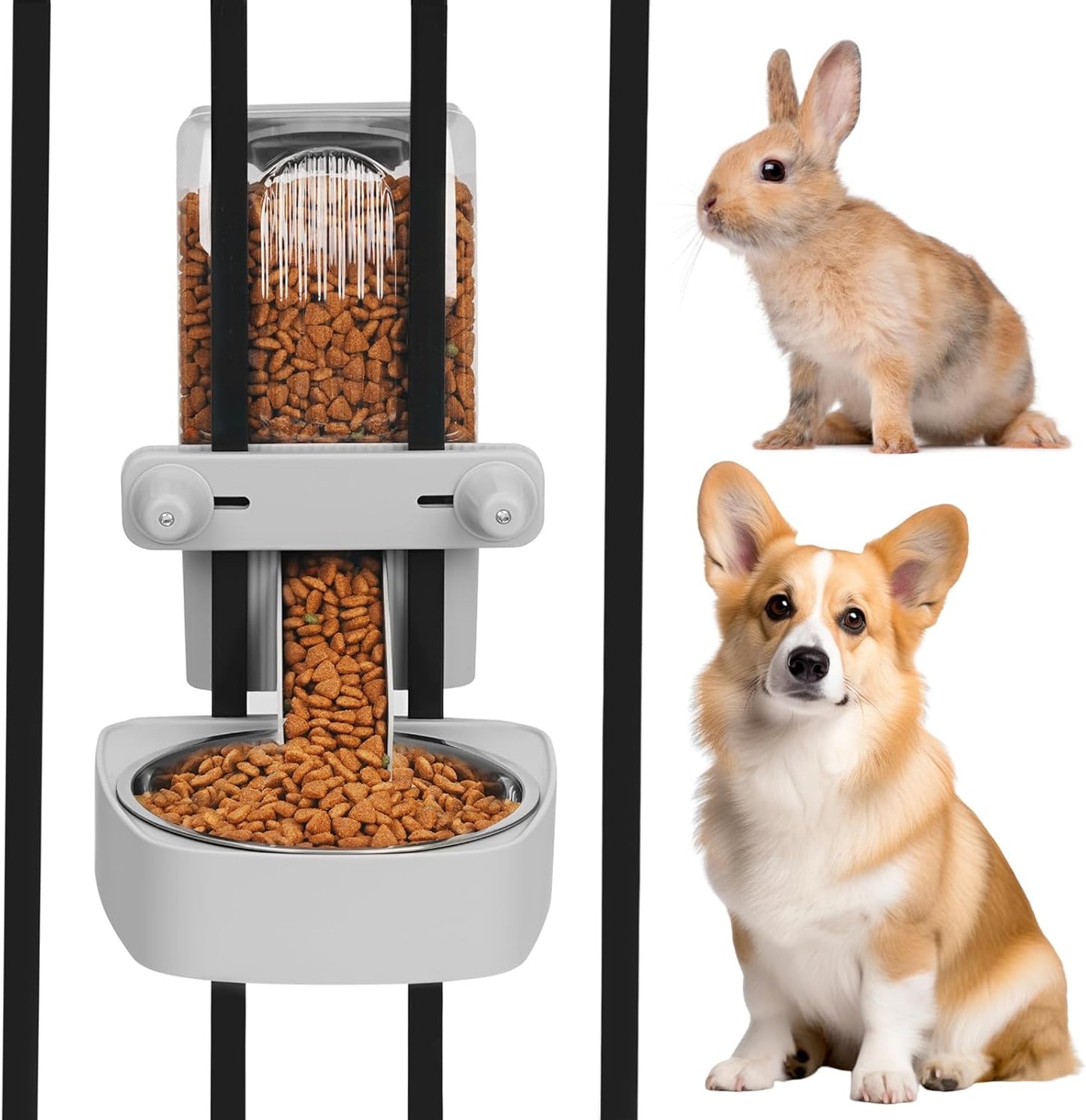 Kenond 55oz Hanging Automatic Rabbit Feeder, 1.6L Large Capacity Gravity Food Dispenser with Stainless Steel Bowl,for Dog, Cat, Ferret & Medium-Small Animals,Fits Widemouth Cages& Wire Cages & Crates