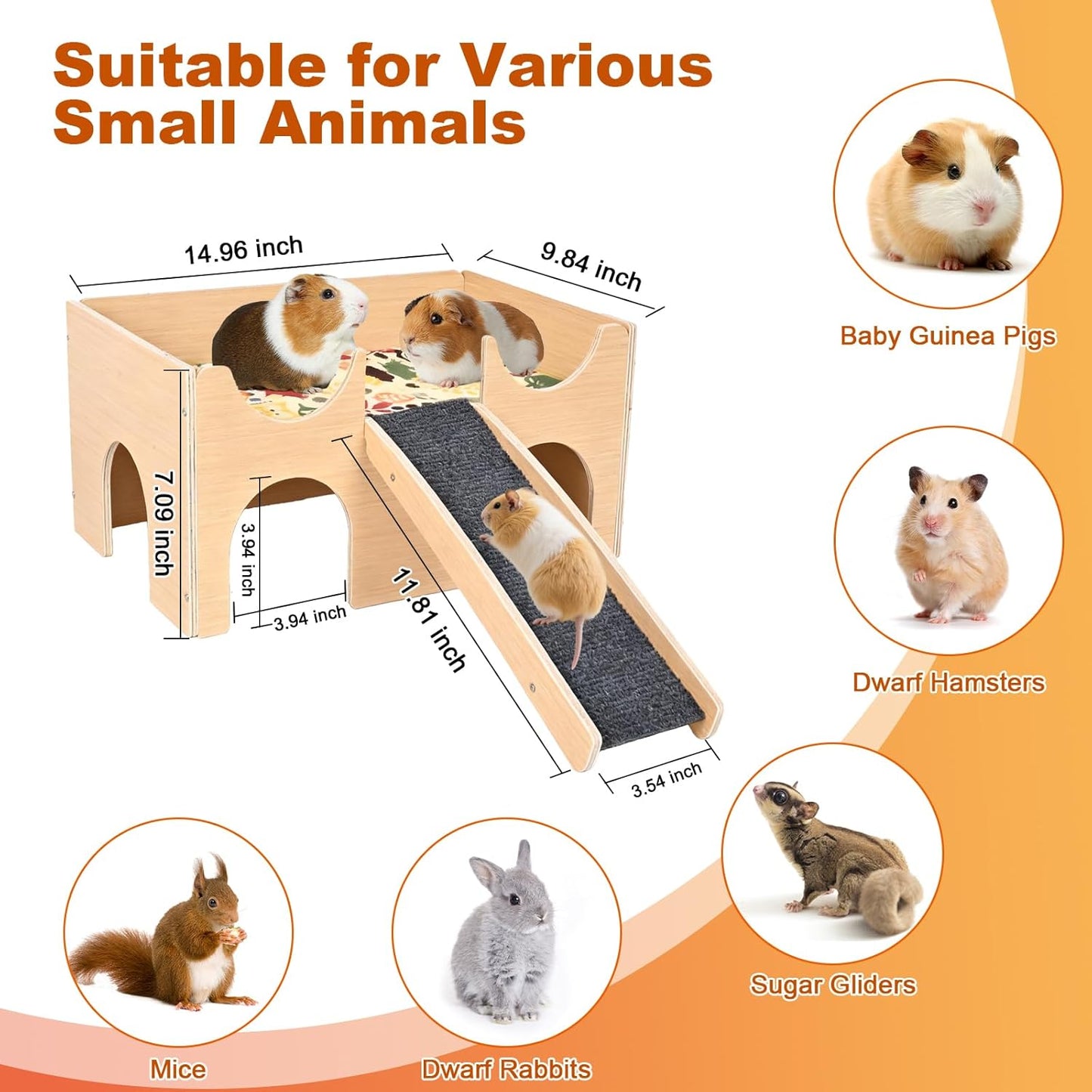 Wooden Guinea Pig Hideout, Multi-Cave Design Small Animal House, Guinea Pig Castle with Non-Slip Stairs and Double-Sided Mat