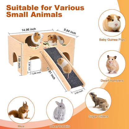 Wooden Guinea Pig Hideout, Multi-Cave Design Small Animal House, Guinea Pig Castle with Non-Slip Stairs and Double-Sided Mat