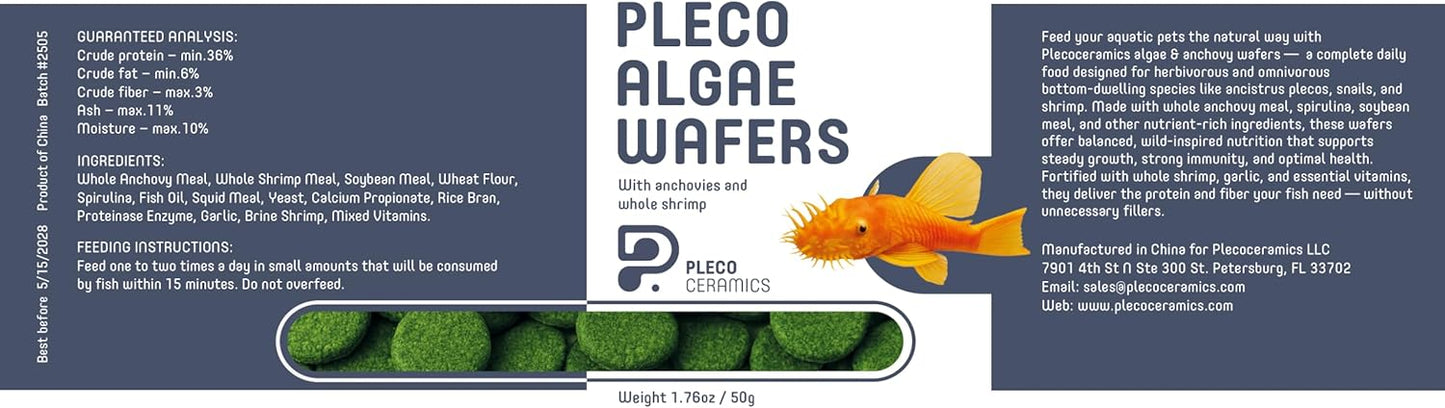Plecoceramics Algae Wafers Universal Fish Food for Aquarium Fish, Turtles, Goldfish, Catfish - Spirulina Protein Wafers for Bottom Feeders (1.76 oz)