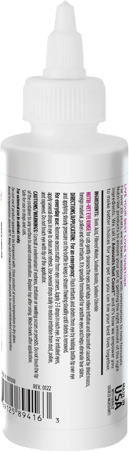 Nutri-Vet Cat Eye Rinse, Sterile Solution Gently Cleanses Eyes and Surrounding Tissue, Removes Debris Pollen and Mucus, Relieves Irritation, Helps Reduce Tear Stains, Sensitive Ophthalmic Flush, 4oz
