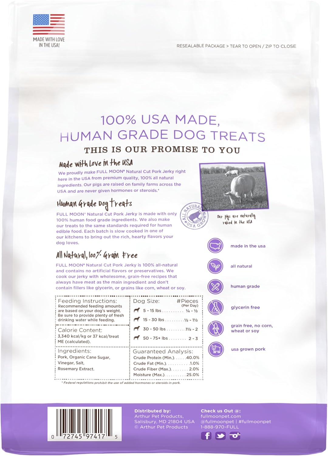 Full Moon Natural Cut Pork Jerky Healthy All Natural Dog Treats Human Grade Grain Free 10 oz