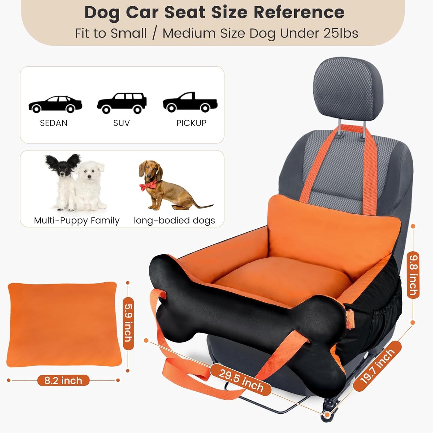 29.5"x19.7"x9.8" Dog Car Seat for Middle Dogs & Cats with Leash, Water-Resistant Faux Leather Booster Car Seat with Side Pocket for Summer Travel, Dog Bed for SUV, Truck with Bone Decor