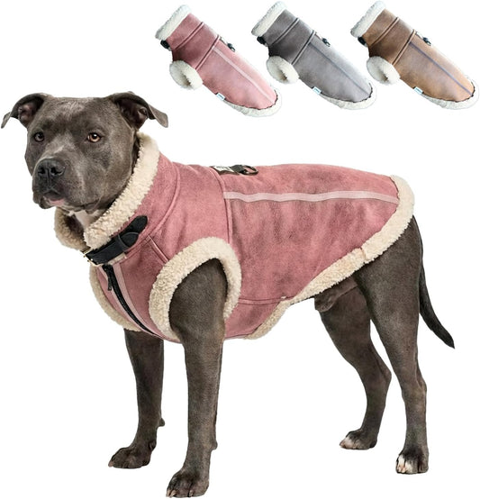 Retro Aviator Dog Jacket – Faux Leather Winter Coat with Plush Sherpa Fleece Lining for Dogs, Pilot Style Costume for Extra Large Puppies, Bomber Windbreakers for Boy & Girl Doggie, Pink XXL