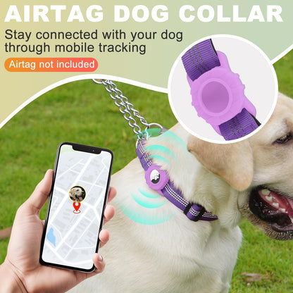 Cymiler Martingale Dog Collar with AirTag Holder, Reflective Nylon Training Collar, Stainless Steel Chain, Heavy Duty Buckle, Limited Slip Collars for Small Medium Large Dogs (Purple, Large)
