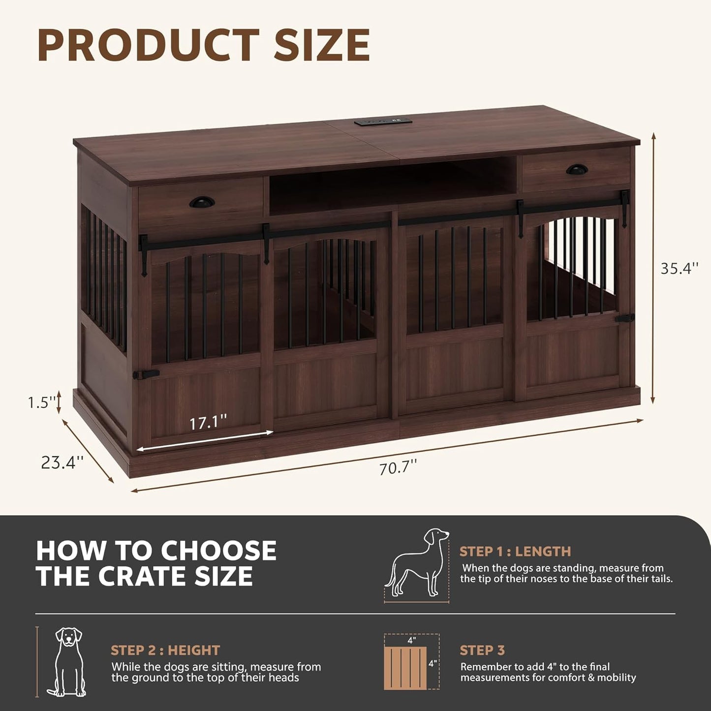 70.86" Double Dog Crate Furniture with Storage for 2 Medium Large Dogs Farmhouse Wooden Dog Kennel Furniture with 2 Sliding Doors Divider & Power Outlets Decorative Dog Cage TV Stand, Brown