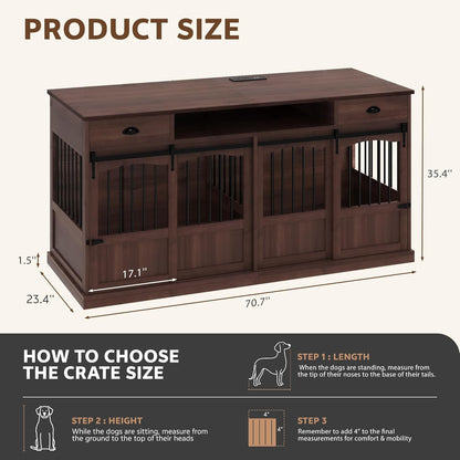 70.86" Double Dog Crate Furniture with Storage for 2 Medium Large Dogs Farmhouse Wooden Dog Kennel Furniture with 2 Sliding Doors Divider & Power Outlets Decorative Dog Cage TV Stand, Brown