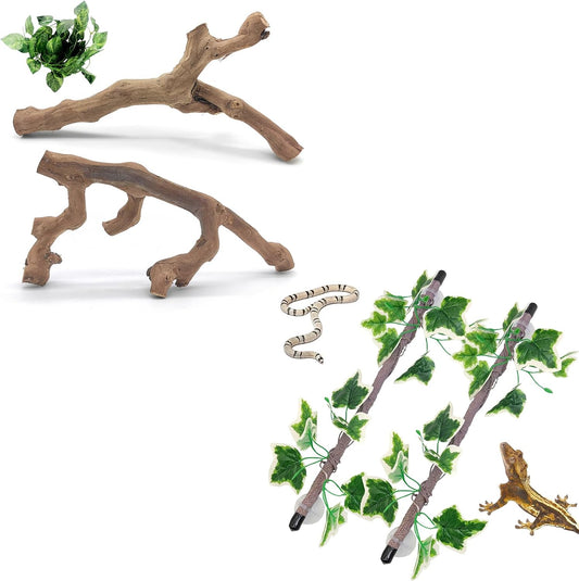 VCEPJH Snake Climbing Branch, 2Pcs Reptile Wood Natural Cork Log and Reptile Climbing Branch Decor 2 Pcs Bendable Jungle Vine with Suction Cup for Gecko Bearded Dragons, Snake,Frogs, Chameleons