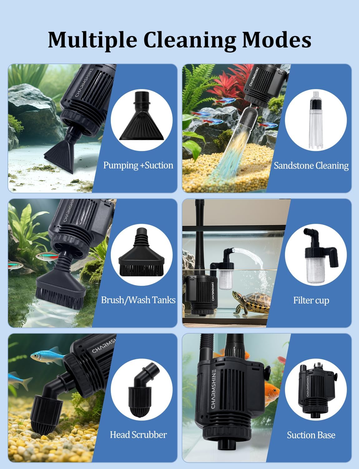 Electric Aquarium Gravel Cleaner [2025Edition] Removable Fish Tank Vacuum Water Changer Gravel Cleaner for Aquarium Freshwater Saltwater Tanks (with Filter Cup and Hose Clamp)