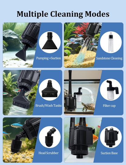 Electric Aquarium Gravel Cleaner [2025Edition] Removable Fish Tank Vacuum Water Changer Gravel Cleaner for Aquarium Freshwater Saltwater Tanks (with Filter Cup and Hose Clamp)