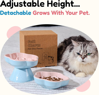 Detachable Slow Feeder Cat Bowl, Unbreakable Elevated Cat Bowls - Heavy Weighted, Tilted Raised Slow Feeder, Non-Slip Small Dogs Slow Feeders Bowl, Dry & Wet Food, Whisker Friendly (Pink, 5.8"