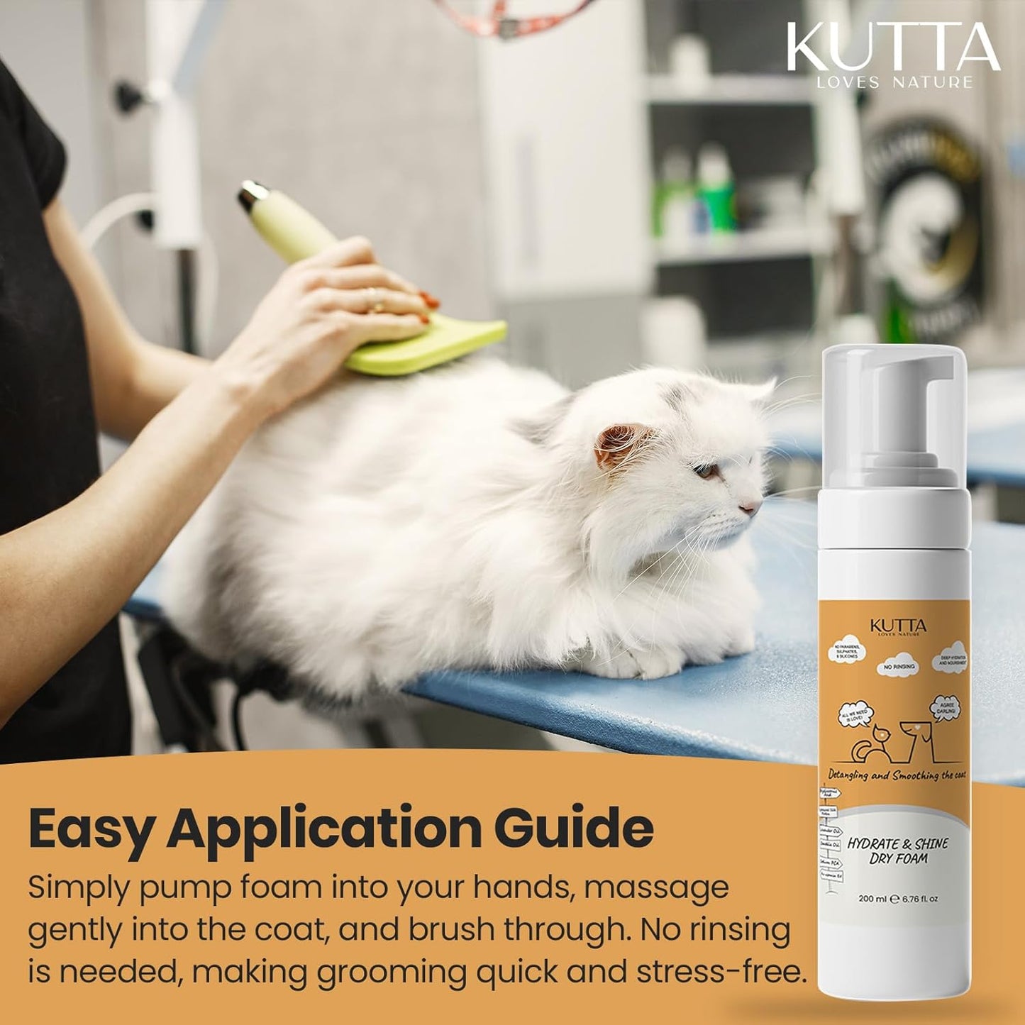 Kutta Hydrate & Shine Dry Foam - Natural Silk Protein Waterless Bath Foam for Dogs and Cats, Gentle Daily Coat Care with Lavender Oil, Detangling Formula 200ml/6.7 oz