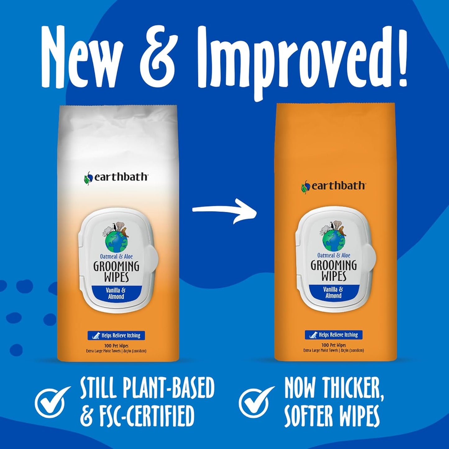 earthbath, Oatmeal & Aloe Grooming Wipes - Dog Wipes for Paws and Butt, Best Pet Wipes for Dogs & Cats, Helps Relieve Itchy & Dry Skin, Made in USA, Cruelty-Free - Vanilla & Almond 100 Count (1 Pack)