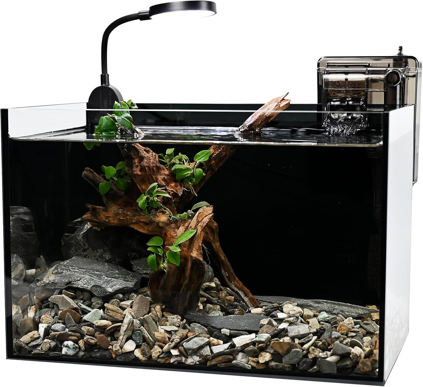 Nano Nature Aquarium Kit,Clear Glass Desktop Fish Tank with with Waterfall Filter and Light for Beginners and Children to Keep Betta Fish, Goldfish, Shrimp, and Aquatic Plants (Black, 2.8 Gallon)
