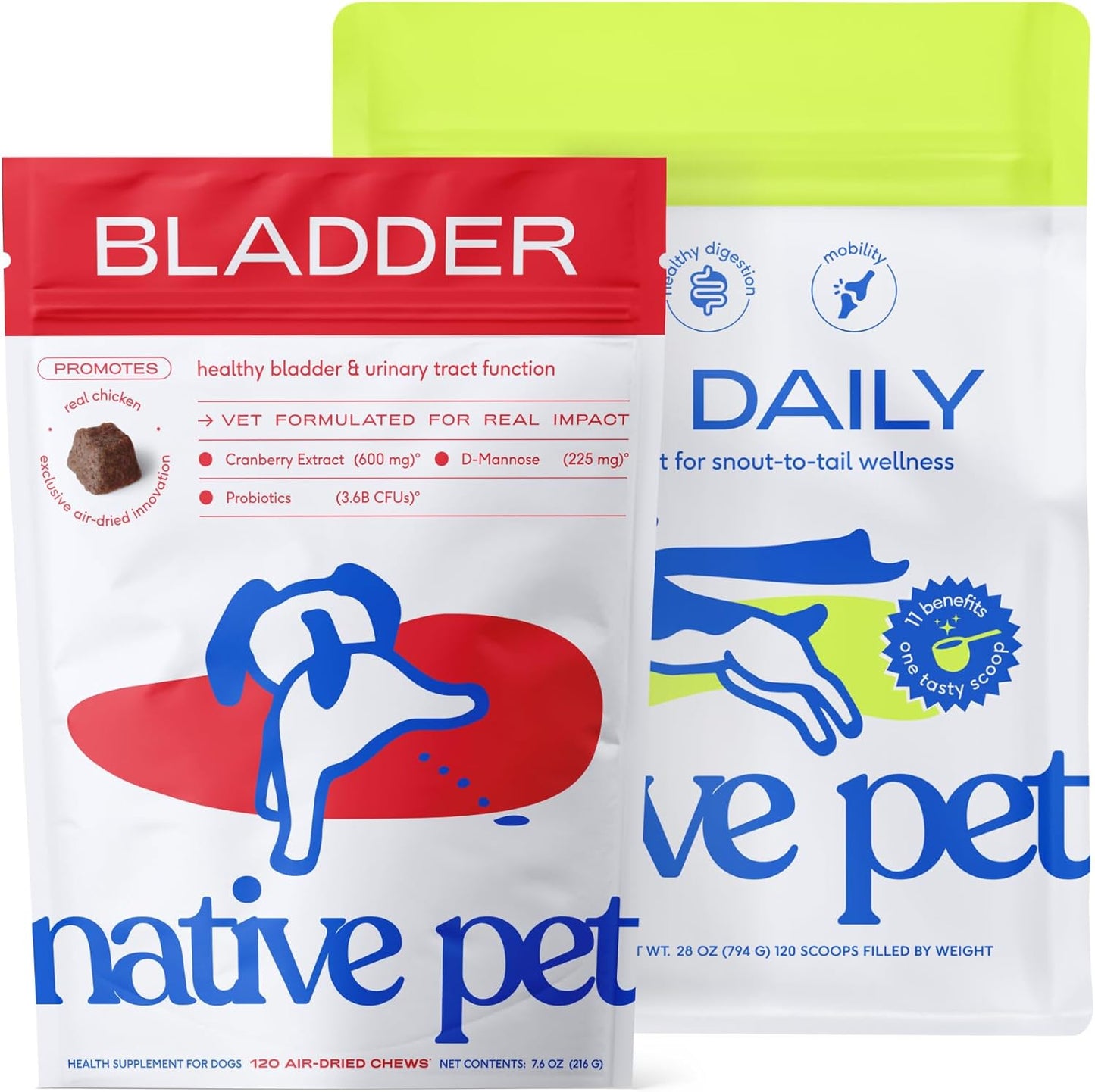 Native Pet Bladder & Immune Support Bundle: Bladder Chews for Dogs (120 Air-Dried Chews) & The Daily Dog Multivitamins (120 Scoops) - UTI Treatment & Prevention Plus 11-in-1 Multivitamin for Pups