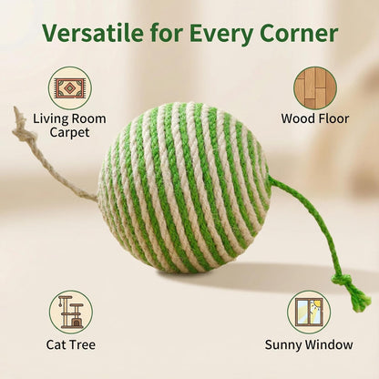 Sisal Ball Cat Toy for Teething and Play, Crinkle Sound Interactive Toys for Self-Entertainment and Boredom Relief for Cats（Green and White）