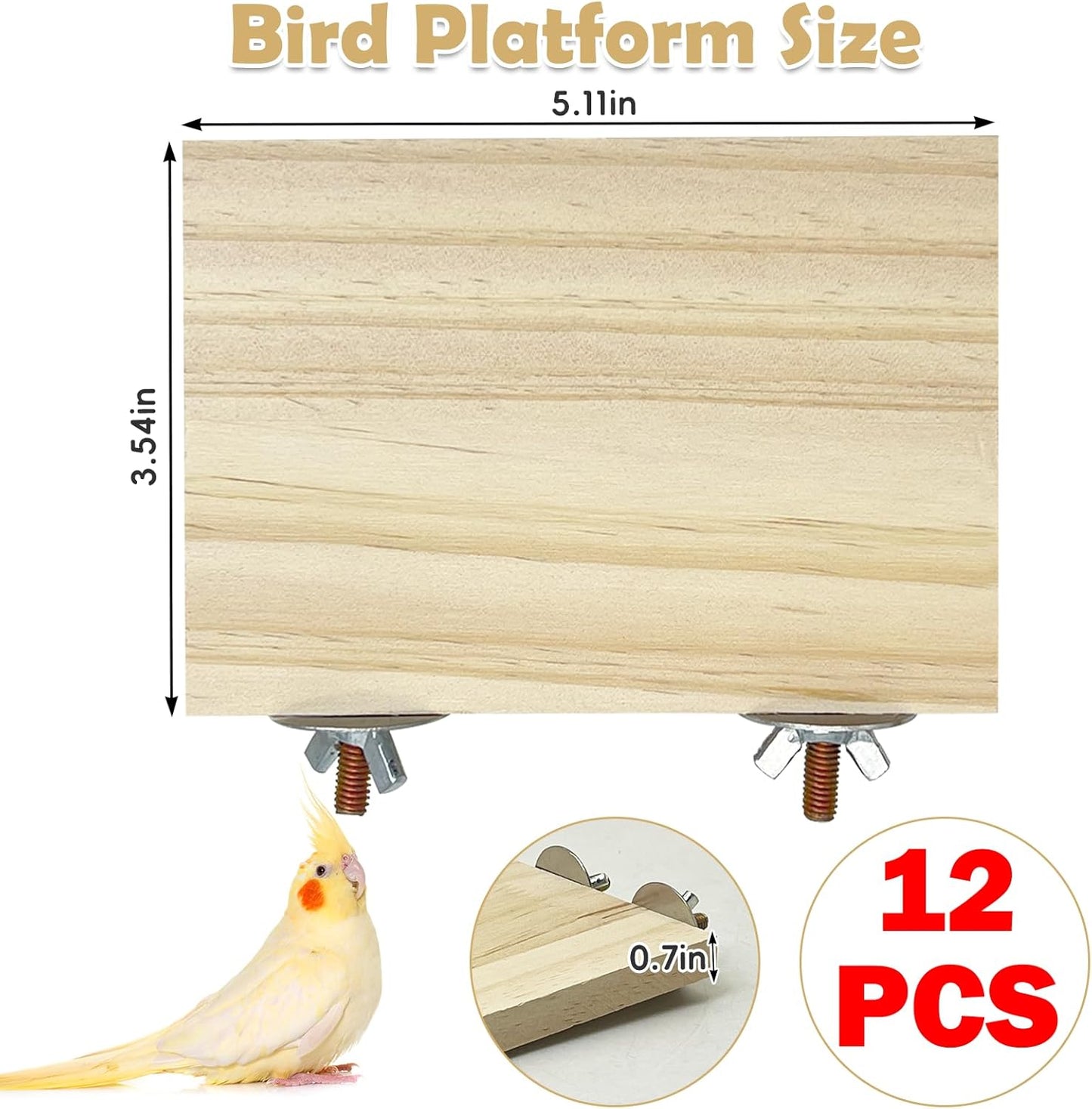 kathson 12 Pcs Wooden Bird Cage Platform Flat Birds Perch Stand Rectangle Parrot Perch with Washers for Bird Paw Grinding Cockatiel Cage Accessories for Parrot, Budgies, Conure, Lovebirds