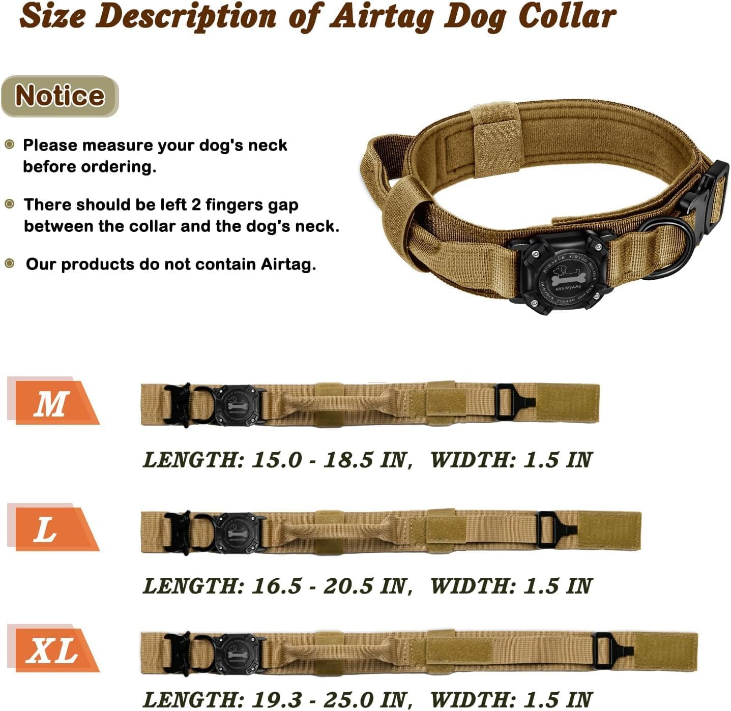 Dog Collar with Airtag Holder, Airtag Dog Collar IP68 Waterproof with Control Handle and Metal Buckle, Military Tactical Air Tag Dog Collar Holder for Medium Large Dogs(Brown, M)