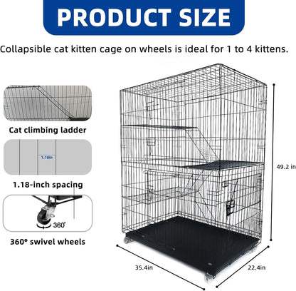 Cat Cage Large 4-Tier Indoor Cat Enclosure with Removable Tray & 2 Ladders, Foldable Metal Wire Cat Playpen with 360° Wheels, for 1-2 Cats & Small Pets, 35.4" L × 22.4" W × 49.2" H (Black