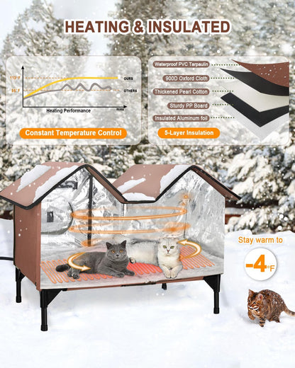 Heated Cat House for Outside Cats in Winter, Extra Large Heated Outdoor Cat House Weatherproof Insulated with Elevated Base & Escape Door, Waterproof Cat Shelter for Multiple Cats Feral Stray Kitty