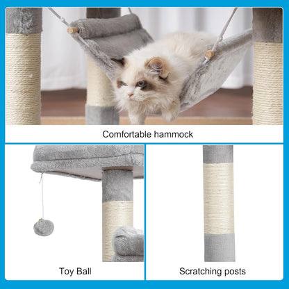 Hey-brother Large Multi-Level Cat Tree Condo Furniture with Sisal-Covered Scratching Posts, 2 Bigger Plush Condos, Perch Hammock for Kittens, Cats and Pets Light Gray MPJ020W