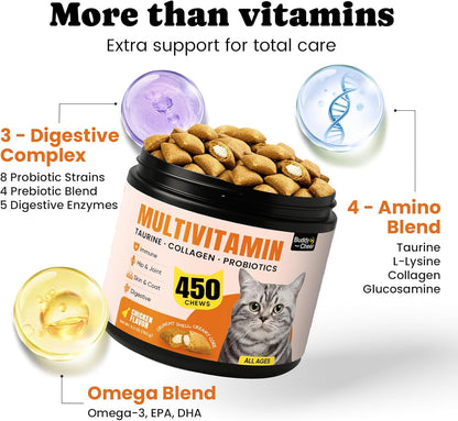 Cat Vitamin Treats with L-Lysine & Taurine – 12 Essential Vitamins & 5 Minerals, Cat Multivitamin Supplement for Immune, Joint & Skin Support, Daily Health Formula for Indoor & Senior Cats – 450 Chews