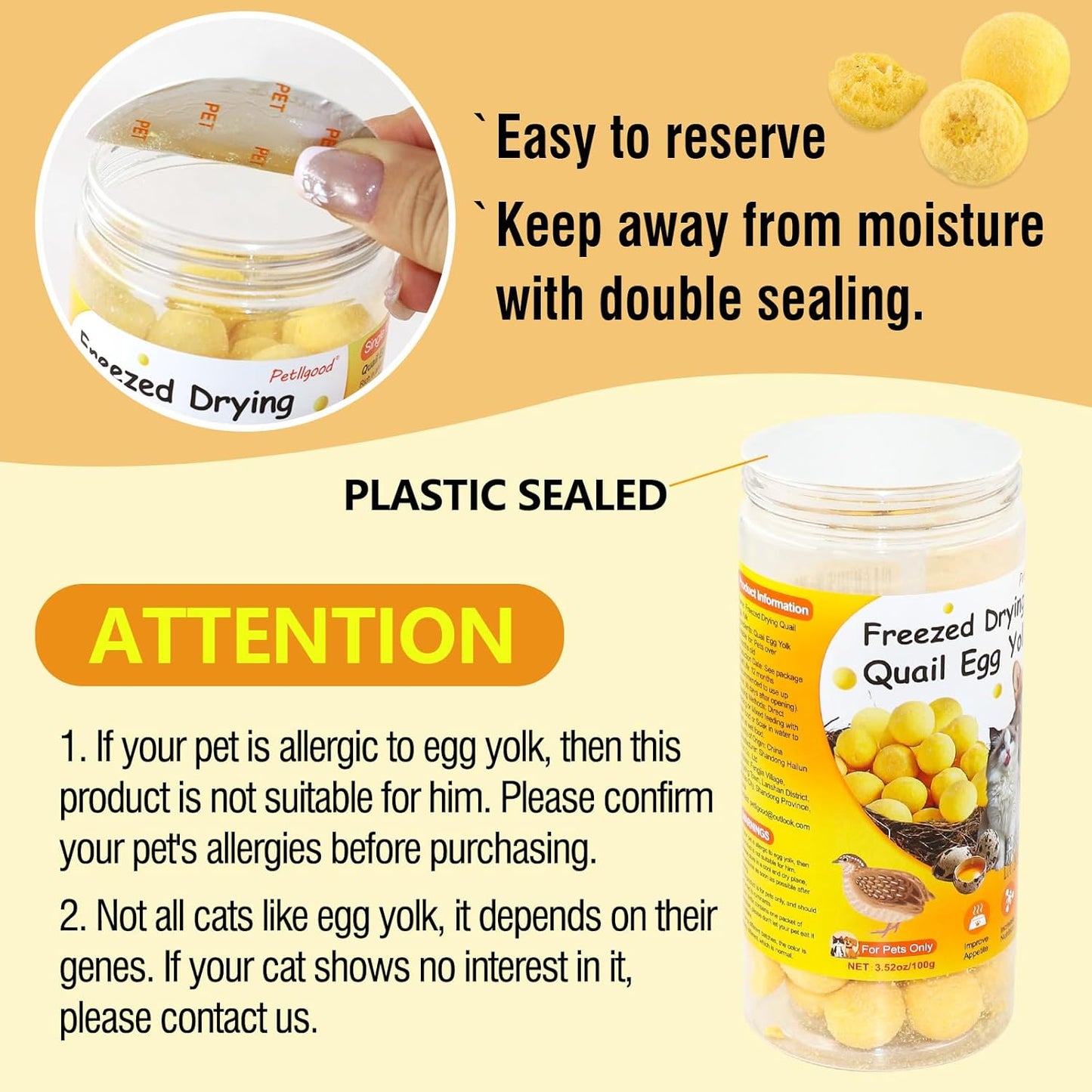 3.52oz/100g Freeze Dried Quail Egg Yolk, Cat and Dog Treats, Single Ingredient Pet Snacks, Healthy Tasty Dry Pet Food