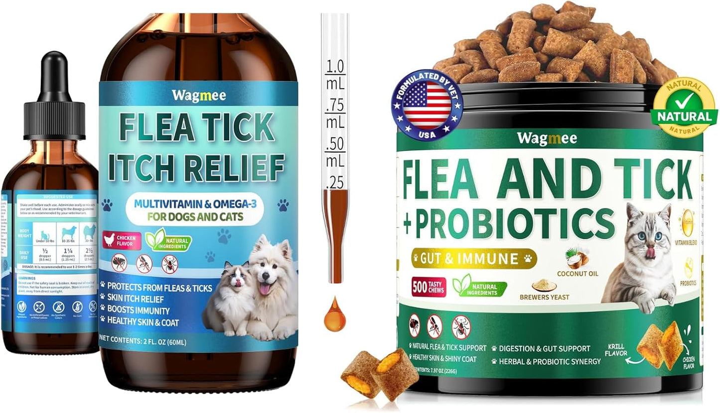 Flea and Tick Prevention for Dog and Cat & Flea and Tick Prevention for Cats Chews, Skin & Coat Support - Fleas & Tick Supplement for Cats & Dogs - Natural Chicken Flavor