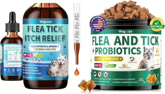 Flea and Tick Prevention for Dog and Cat & Flea and Tick Prevention for Cats Chews, Skin & Coat Support - Fleas & Tick Supplement for Cats & Dogs - Natural Chicken Flavor