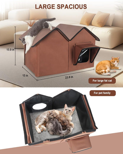 Outdoor Cat House Weatherproof, Large Waterproof Insulated Elevated Outdoor Cat Shelter with Escape Doors, Outside Cat House for Multiple Cats and Small Dogs, Available in All Seasons, Brown