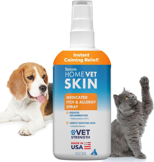 TropiClean HomeVet Allergy & Itch Spray, Dog Allergy Relief & Hot Spot Treatment for Dogs & Cats, Vet Recommended Itching Skin Relief, USA Made, 8 oz