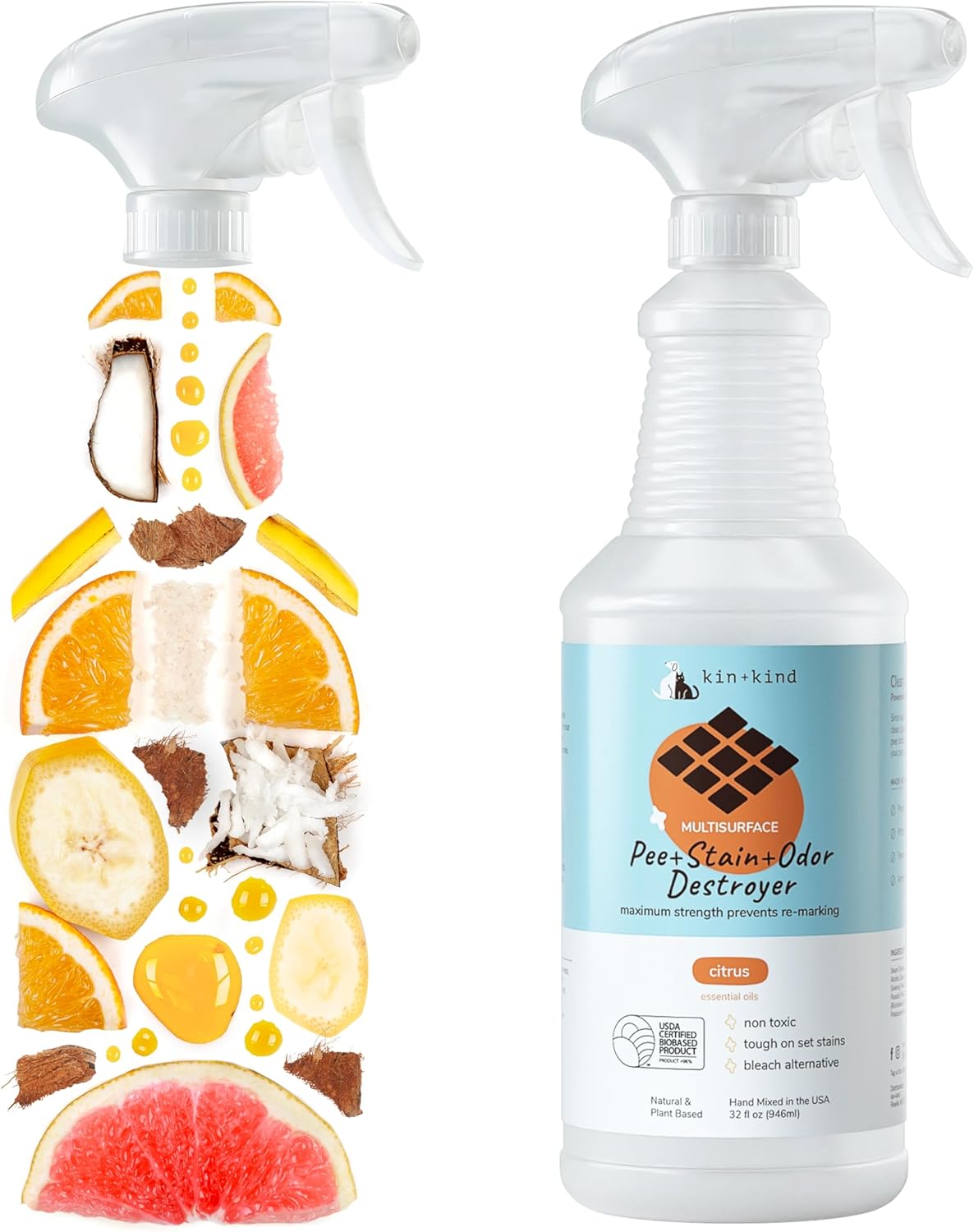 kin+kind Pet Odor Eliminator for Home - Litter Deodorizer, Pet Urine Odor Eliminator Spray and Stain Remover Spray for Harwood Floods, Carpet and Fabric - Pee, Odor and Stain Destroyer 32 fl oz