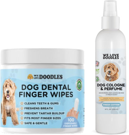 We Love Doodles 100 pcs Dog Teeth Cleaning Wipes & Dog Cologne Bundle - Pet Dental Finger Wipes for Dogs, Freshens Breath Dog Dental Wipes, Pawfume After Bath for Smelly Dogs, Fresh Cotton