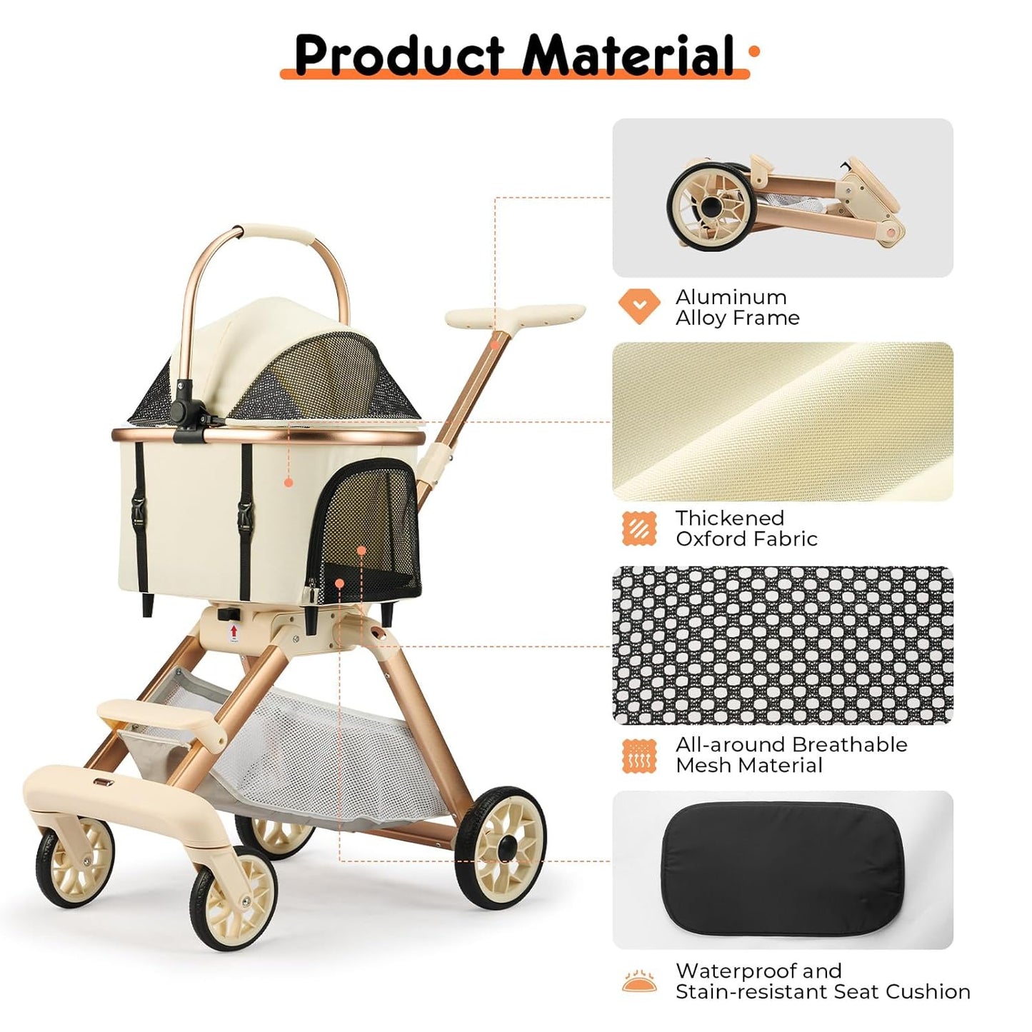 3-in-1 Foldable Pet Stroller for Medium Dogs Cats up to 50lbs, Adjustable Handle Detachable Carrier Car Seat, 5" Lockable All-Terrain Wheels, Large Storage Basket