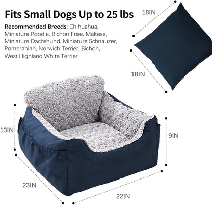 Dog Car Seat for Small Dogs, Washable Pet Booster Seats for Car with Clip-On Safety Leash, Reversible Puppy Carseat with Storage Pockets, Travel Carrier Bed for Dogs Under 25 lbs, Blue