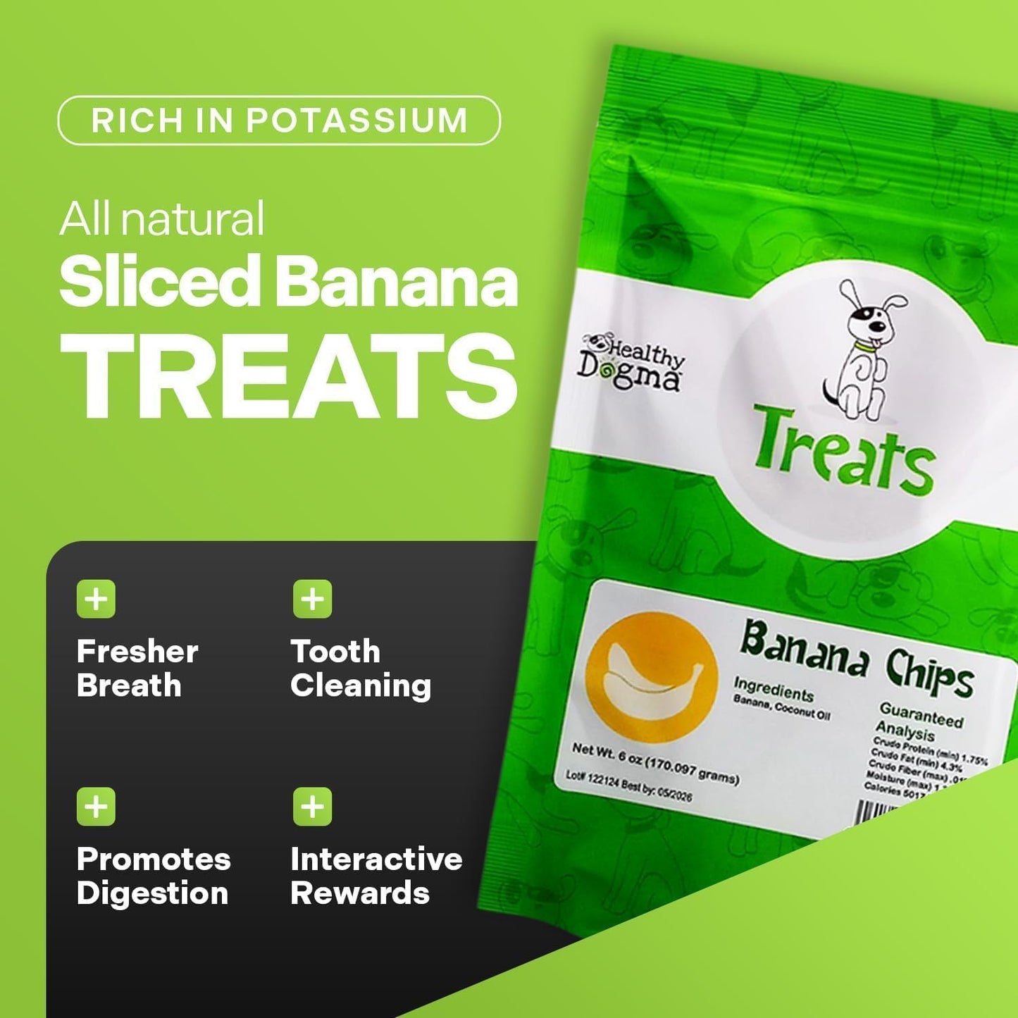 Healthy Dogma Banana Chips Treat for Dogs - All-Natural, & Clean Ingredient Snacks - Supports Digestion, Energy & Immune Health - Perfect for Training & Sensitive Stomachs, (6oz-Pack of 4)