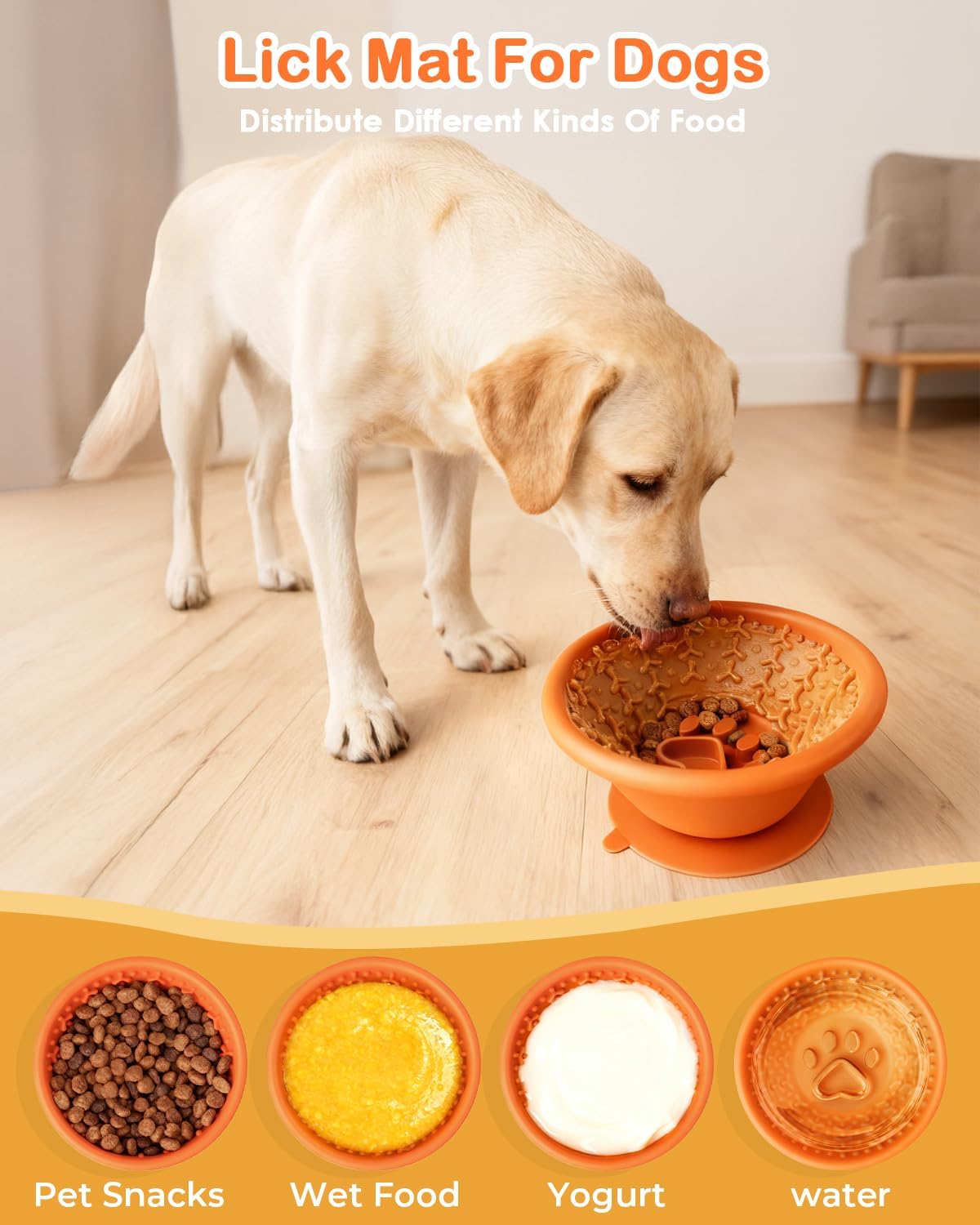 Dog Lick Bowl, Silicone Slow Feeder Dog Bowls with Non-Slip Suction Base and Steel-Reinforced Rim, Anxiety-Relief Feeding Solution for Medium & Large Breeds (Orange)